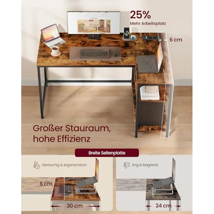 VASAGLE Eckschreibtisch in L-Form, Computertisch mit Stauraum, Bürotisch, höhenverstellbare Ablage, für Homeoffice, mit 2 AC-Steckdosen und 2 USB-Anschlüssen, 120x80 cm, vintagebraun LWD132KD01 – Bild 5