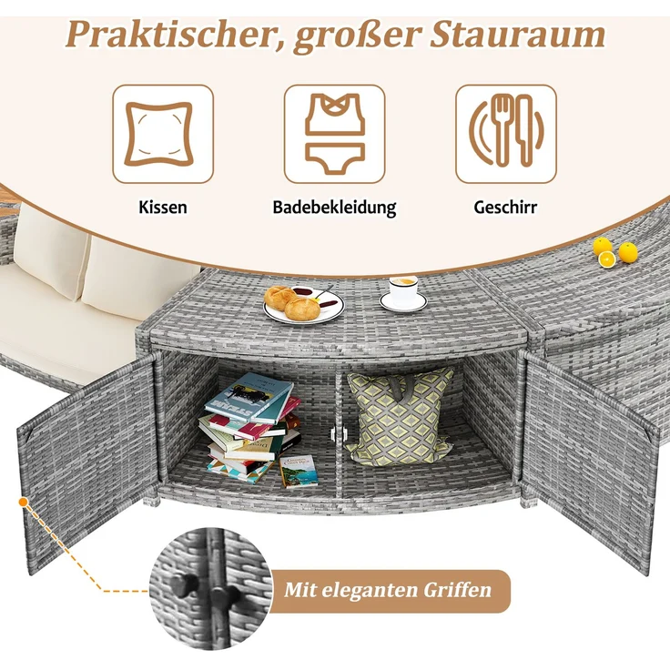 Merax Garten-Lounge-Set mit runder Couch, Gartenmöbel-Set, Poolumrandung, Lounge-Set, für Whirlpool und Pool, mit verstellbaren Füßen, inklusive Kissen, Möbel für Terrasse, Garten oder Poolbereich – Bild 6