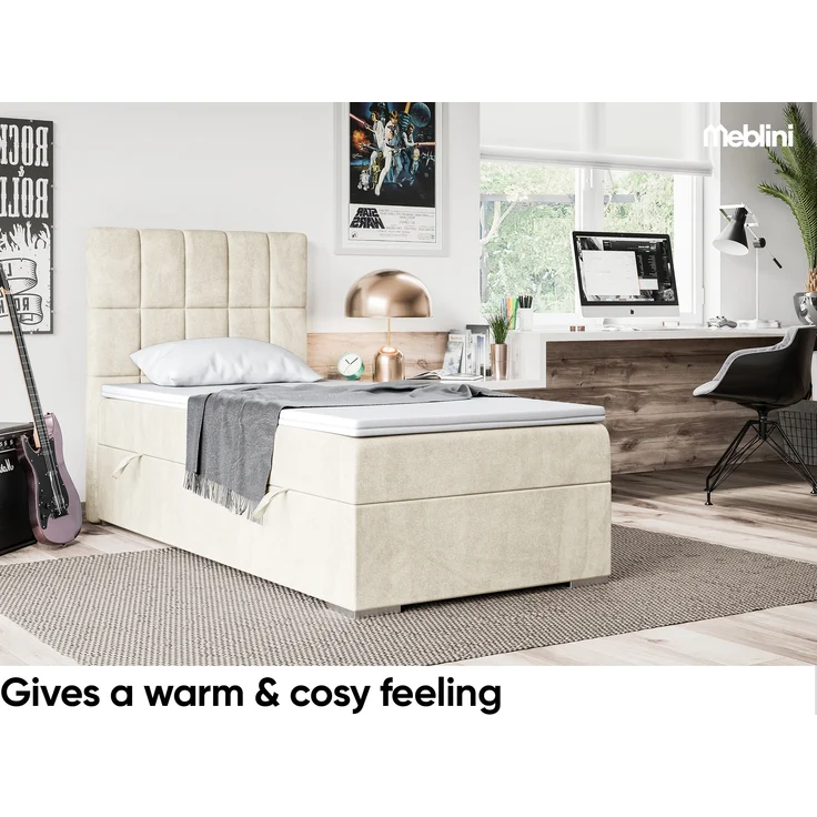 MEBLINI Boxspringbett LUKAS 100x200 cm mit Bettkasten - H3/Creme Samt Gepolstert Einzelbett mit Topper & Taschenfederkern-Matratze - 100x200 Links – Bild 4