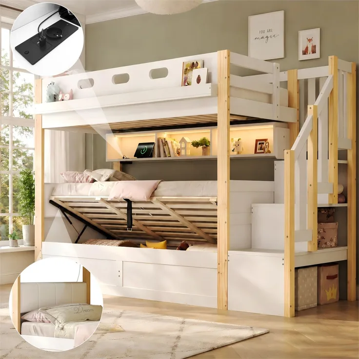 U-life Etagenbett 90x200 cm, fürs Kinderzimmer, Kinderbett, Holzbett, LED-Beleuchtung, USB-Aufladen, Massivholz, Weiß