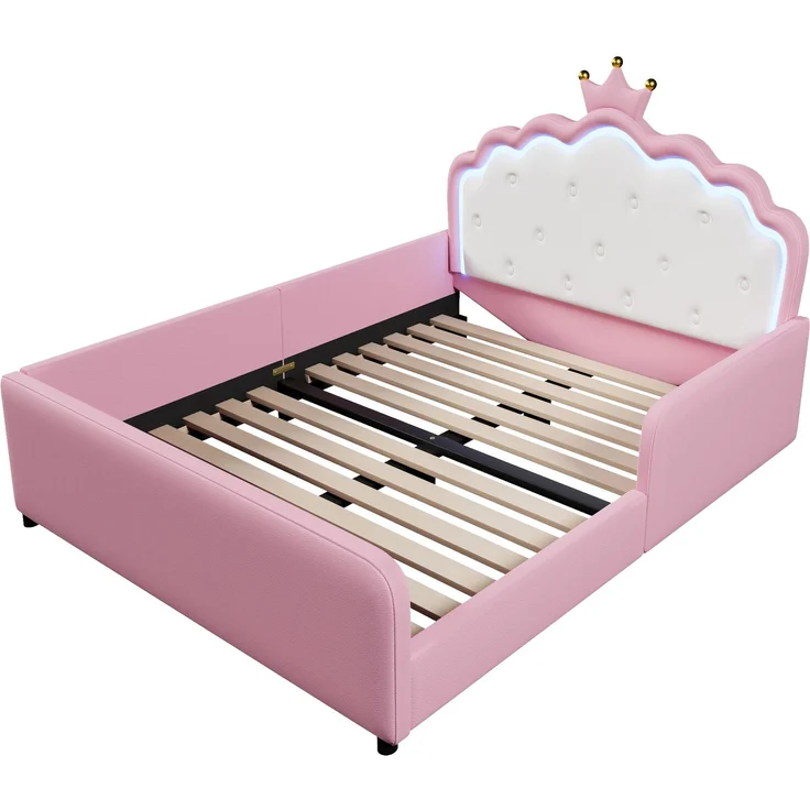 Polsterbett, 140x190 cm, Ohne Matratze, Mit LED-Lichtleiste, Prinzessinnenbett in Kronenform, Sicherheitsgitter, PU, Rosa – Bild 9