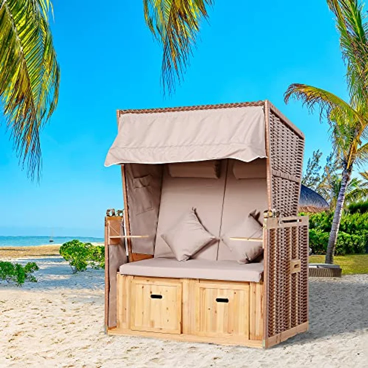 Outsunny Strandkorb Volllieger Gartenliege mit Klapptischen, verstellbarer Rückenlehne und Fußstützen, PE Rattan Beige 118 x 79 x 50 cm – Bild 2