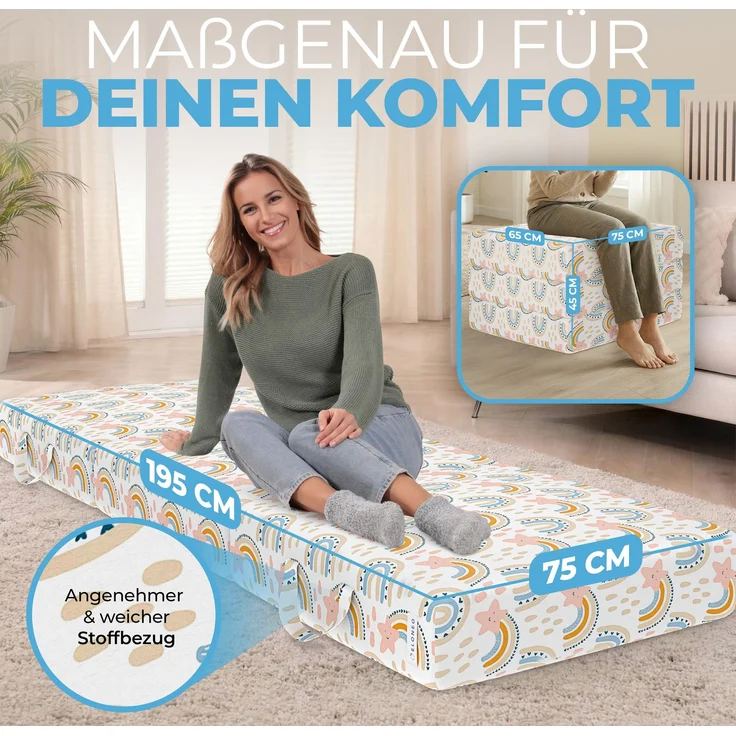 ELONEO Klappmatratze, Gästematratze, 3-teilige Faltmatratze, Schaumstoff extra dick (15cm), waschbar, Bandscheibenwürfel, klappbar, Faltbare Matratze, Erwachsene (Regenbogen, 75 x 195 x 15 cm) – Bild 2