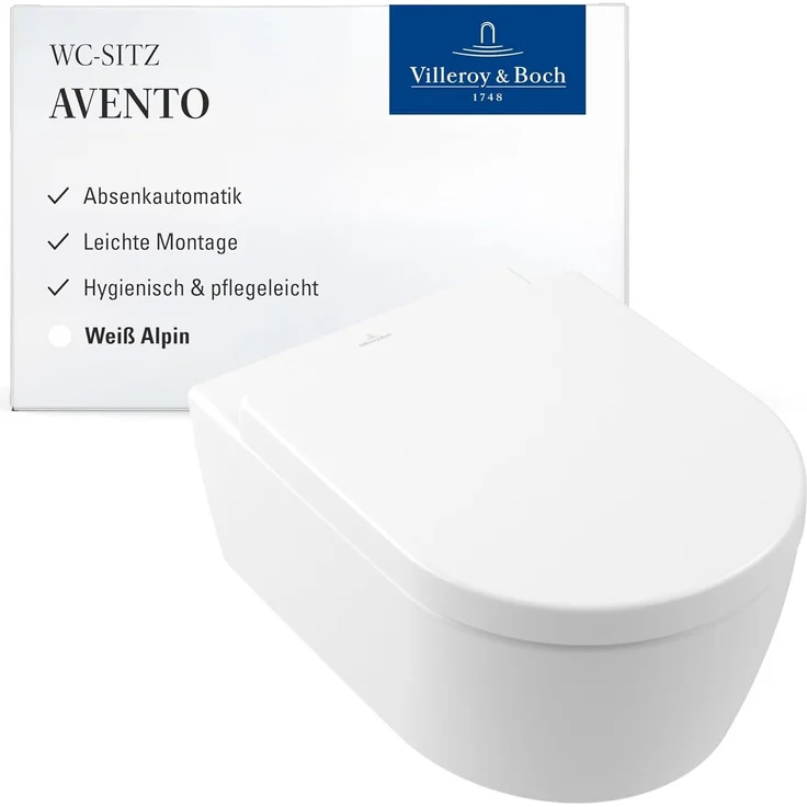 Villeroy & Boch Avento WC-Sitz, Toilettendeckel mit Absenkautomatik, abnehmbarer Toilettensitz aus bruchsicherem Duroplast, Klodeckel Original Ersatzteil, D-Form, Stone White, matt – Bild 1
