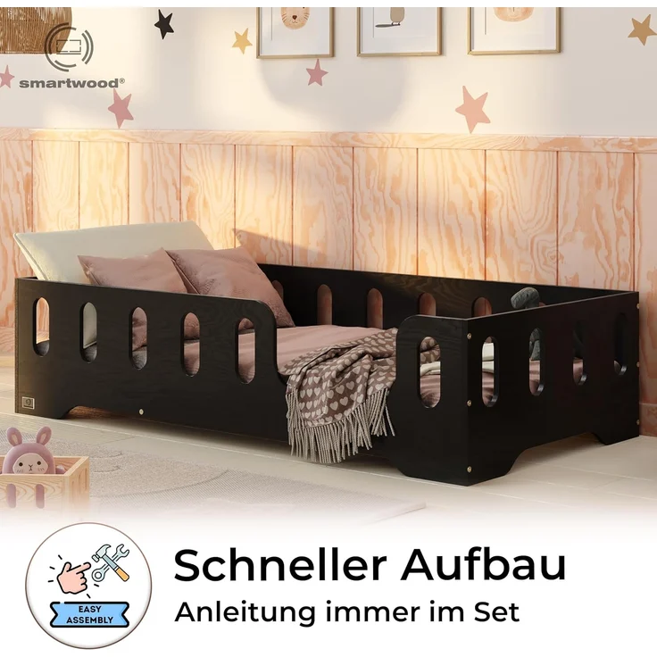 smartwood Kinderbett Bodenbett 100x200 mit Rausfallschutz & Lattenrost - Schwarz - Kinder Montessori Bett TILA 2P mit glatten Kanten - Betten für schnelle Montage - Bis 230 kg belastbar – Bild 4