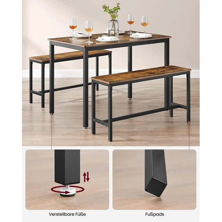 VASAGLE Esstisch, Küchentisch-Set, 110 x 70 x 75 cm, mit 2 Bänken je 97 x 30 x 50 cm, Metallgestell, für Küche, Wohnzimmer, Esszimmer, Industrie-Desig [KDT070B01] – Bild 6