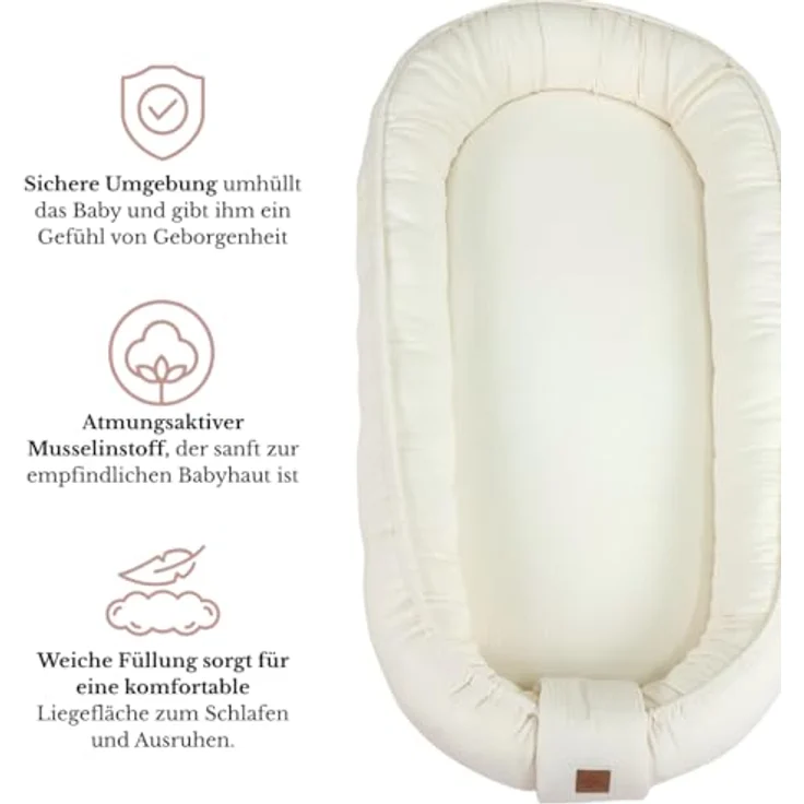 WIKLINOPOL Babynest, Nestchen für Neugeborene – Baby Nestchen 80x46 cm in Ecru, Tragbares Nest aus Musselin - Baby Nest für Neugeborene mit herausnehmbarer Matratze – Bild 2