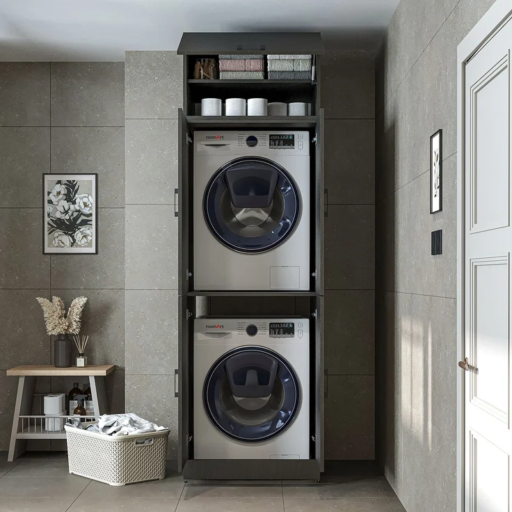 Roomart Waschmaschinenschrank DORA-II- Waschmaschinen- & Trocknerschrank mit Türen & Ausziehbrett – Waschküchenschrank für Waschmaschine & Trockner • Schwarz-Eiche – Bild 4