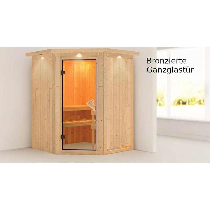 Karibu Sauna Larin mit Dachkranz + 9kW Saunaofen mit integrierter Steuerung Energiespartür – Bild 5