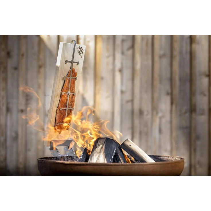 Axtschlag Premium Flammlachsbrett Kirschholz extrastark, 10-Fach verstellbare Halterung aus Edelstahl für Feuerschale, Feuertonne, Feuerkorb, Smoker, Grill, Gastronomie – Bild 4
