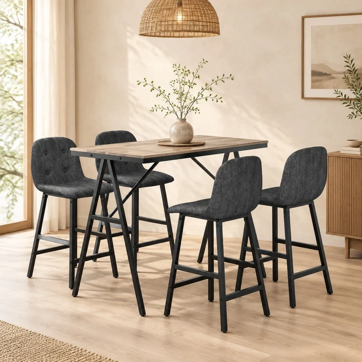 Esstisch-Set 120x60x91 cm in Dunkelgrau, 5-teilig mit gepolsterten Barhockern – Bild 2