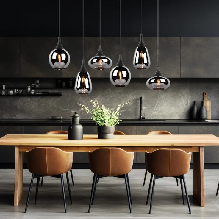 Hängeleuchte, Metall schwarz, Glas chrom, 6 Flammig, H 150cm – Bild 7