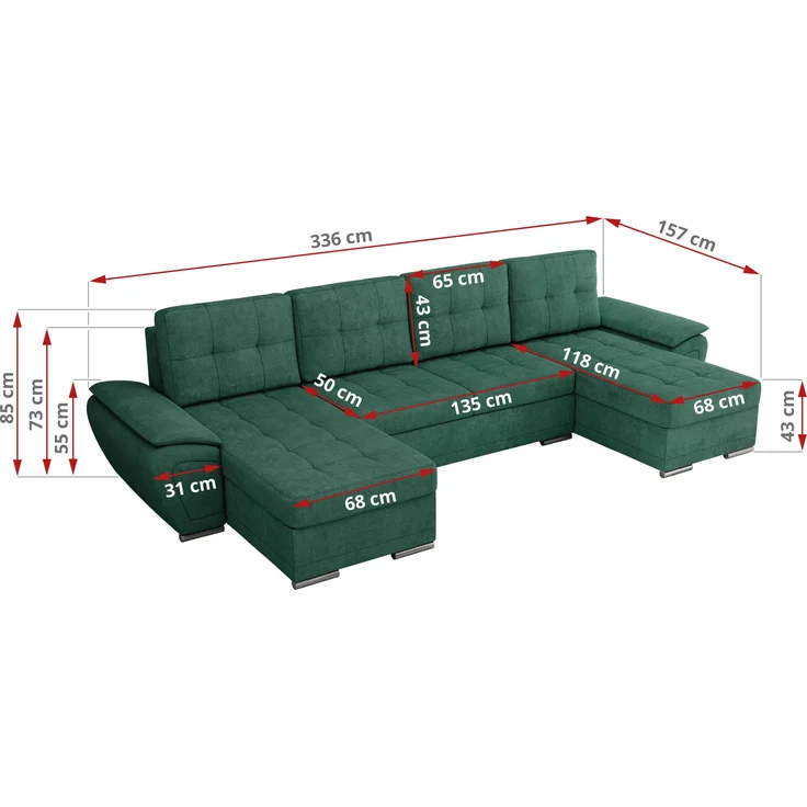 U-förmiges Ecksofa mit Schlaffunktion, genähter Sitz, zwei Armlehnen und losen Kissen - UMBRIA U - Grün Stoff – Bild 7