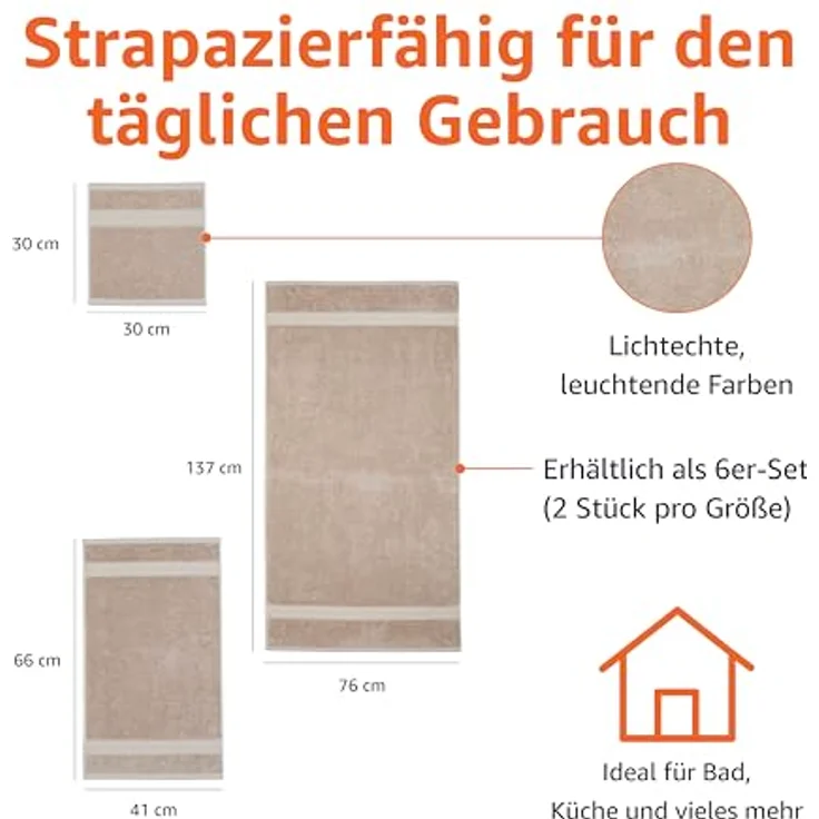 Amazon Basics Handtücher Set 6-teilig, 100% Bio-Baumwolle, ausbleichbeständig, weich, in Taupe, 2 Badetücher + 2 Handtücher + 2 Waschlappen – Bild 3
