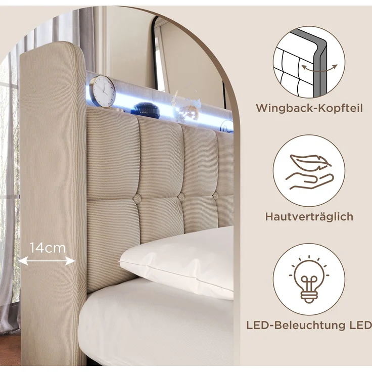 Einzelbett 90 × 200 cm mit Steckdosen,USB-Anschlüssen und LED-Beleuchtung,2 Schubladen,Leinenbezug in Beige – Bild 6
