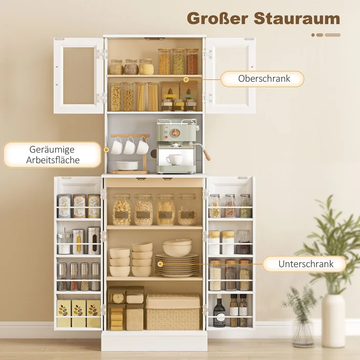 Wohnora-Küchenschrank, verstellbares Regal, Arbeitsplatte, Acryltüren, Kabelloch, für Wohnzimmer, Küche, Esszimmer, MDF, Weiß,H 1800cm x T 600cm x B 395cm – Bild 5