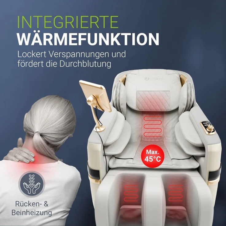 Juskys Massagesessel Naxos, mit LCD-Bedienfeld, Bluetooth, Airbags, Heizung, Rollenmassage, USB & Fußverlängerung, Fix-Point-Technologie - Weiß/Hellgrau – Bild 3