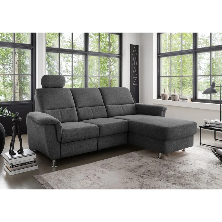 Ecksofa >Ludwigshafen< Motor-funktion, Kopfstütze, Stauraum, anthrazit - 231x113x165 (BxHxT)