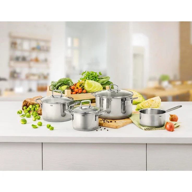 Silit Topf-Set Extra Cook Induktion, Kochgeschirr-Set mit Glasdeckel, Innenskalierung, Edelstahl 18/10 (Set, 7-tlg, 3x Kochtöpfe 16/20/24 cm mit Deckel, 1x Stielkasserolle 16 cm), SiliTherm Universalboden, breiter Schüttrand, spülmaschinengeeignet – Bild 3