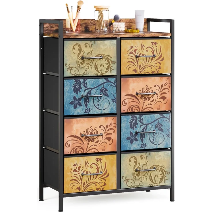 Mondeer Kommode mit 8 Schubladen, Schubladenschrank aus Vintage-Blumenmotiv Stoff Metallrahmen Rustikales, für Wohnzimmer Schlafzimmer Flur, 66.5 x 30 x 105.5 cm, Vintagebraun