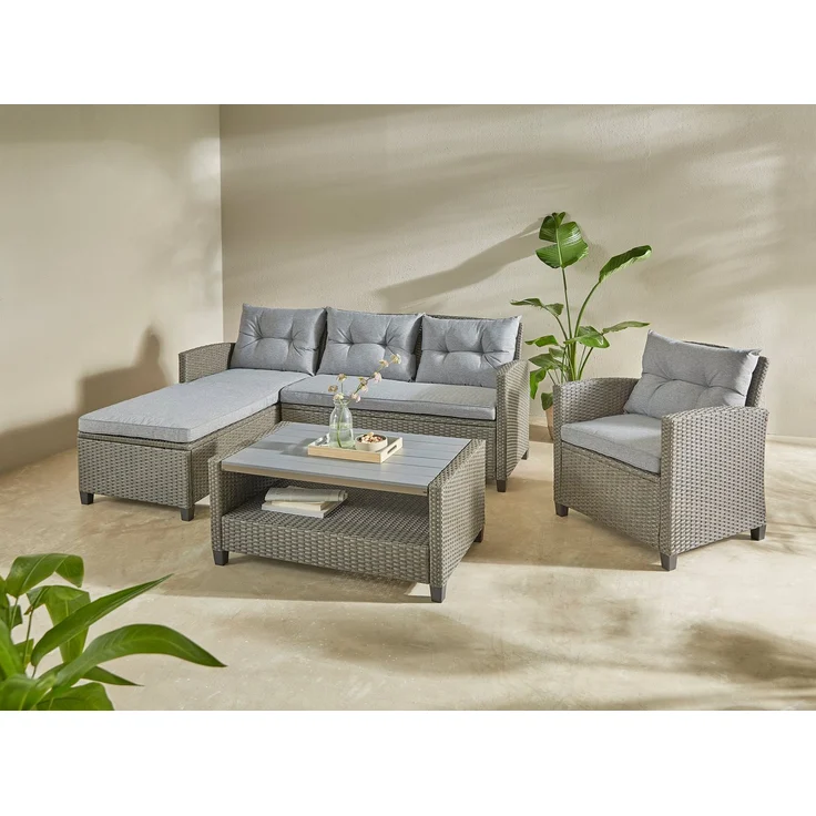 KONIFERA Gartenlounge-Set Cordoba, (Set, 11-tlg, 2x Bank, 1x Sessel, 1x Tisch 90x55x43cm, inkl. Auflagen), Polyratten, Stahl, Tischplatte aus Nonwood, geeignet für 4 Personen – Bild 5