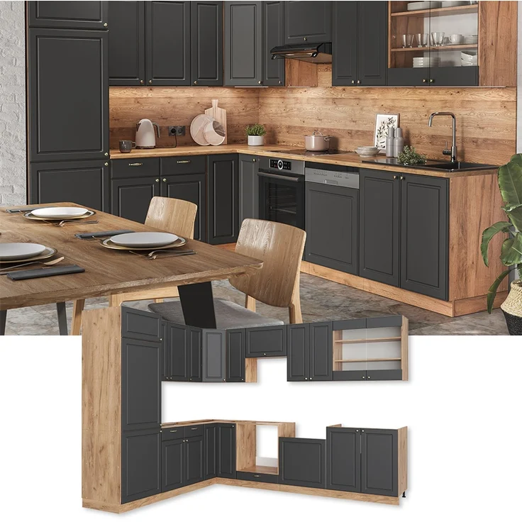 Eckküche Fame-Line Anthrazit-Gold Landhaus/Goldkraft Eiche 287 x 227 cm, AP Eiche Vicco – Bild 2