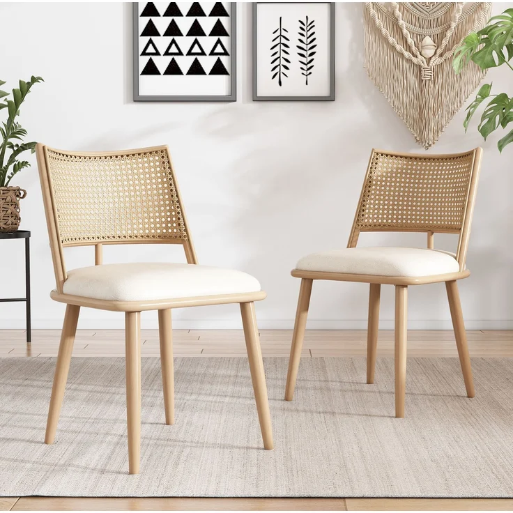 Esszimmerstuhl 80cm×48cm×50cm, 2er-Set in Beige mit Rattan-Rückenlehne und PU-Sitz – Bild 1