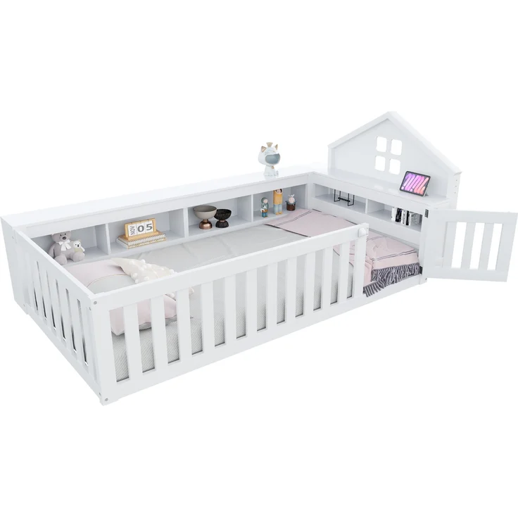 Kinderbett 90 x 200 cm, Mit Dachleiste und Fenster, Mit Staufach zur Aufbewahrung, Mit Sicherheitsgitter und Tür, Rundum-Sicherheitsschutz, Massivholzbett mit Lattenrost, Einzelbett, Weiß – Bild 5