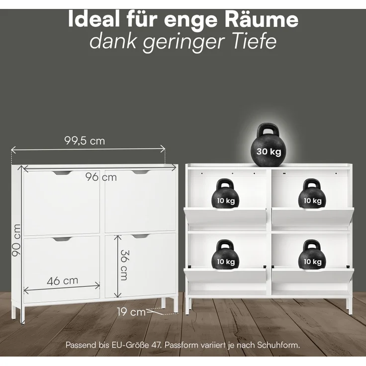 Bellamio 'Ceyhan' Schuhschrank mit 4 Klappen, schmales Schuhregal, weiß, 100x19x90 cm, Schuhkipper für 8 paar Schuhe – Bild 7
