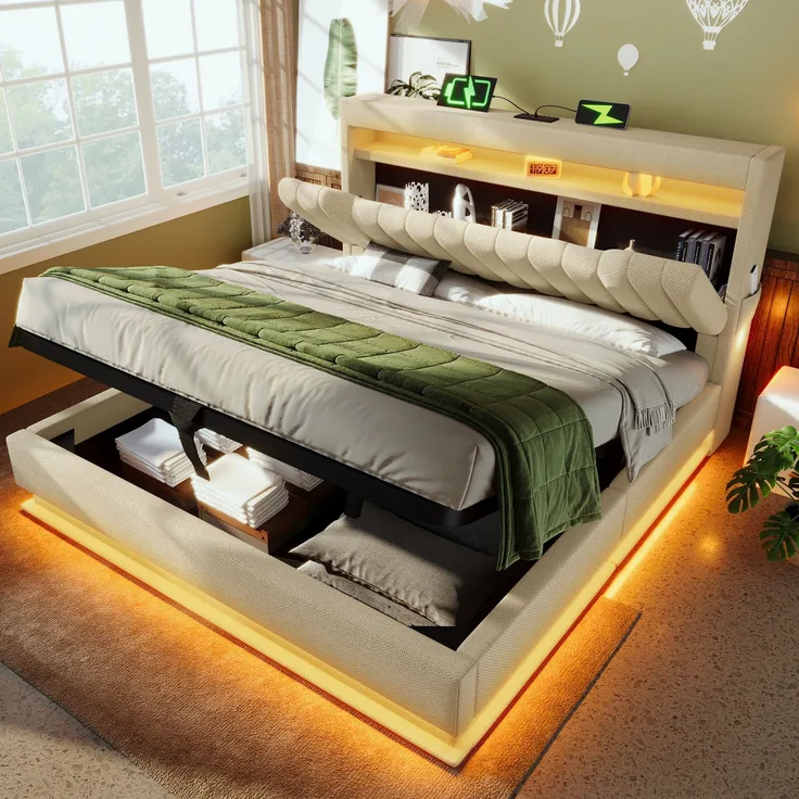 EINHOM Polsterbett Einzelbett 160 x 200 cm, Stauraum-Kopfteil mit USB, LED-Beleuchtung am Kopf- und Fußende des Bettes, mit Hydraulischem Stauraum, Leinen, Beige, (Ohne Matratze)