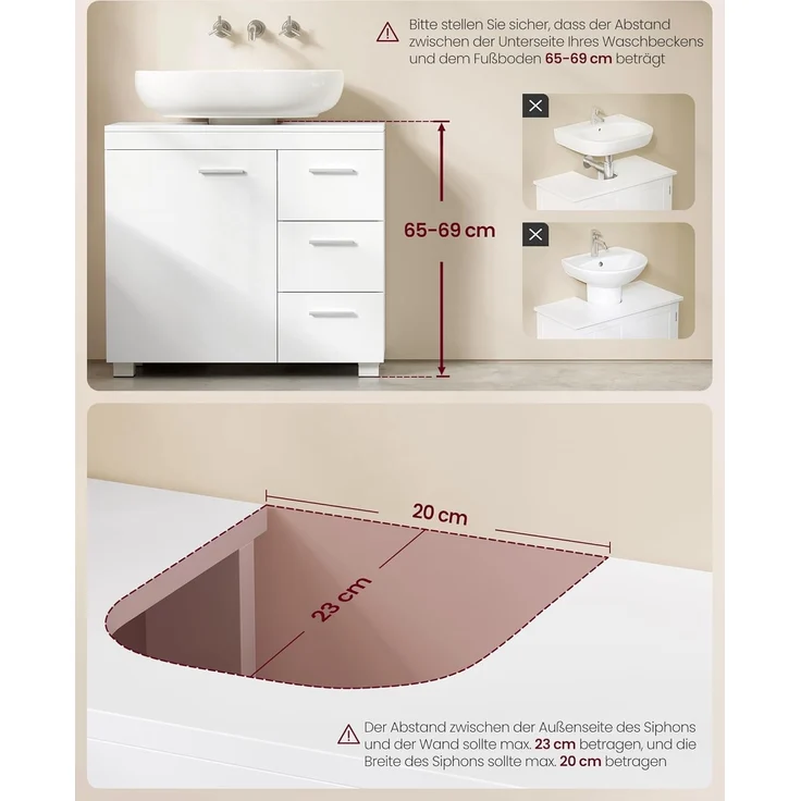 VASAGLE Waschbeckenunterschrank, Badezimmerschrankmit 3 große Schubladen, 2 Fächer, auch für Waschbecken mit Beckensäule, Badezimmer-Unterschrank mit Füßen, 30 x 70 x 64 cm, wolkenweiß BBK504W01 – Bild 7