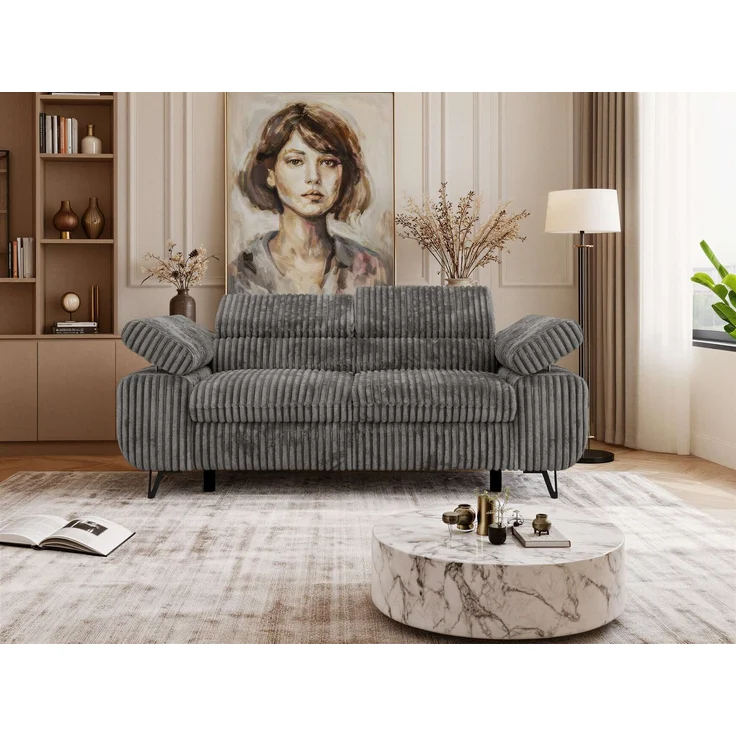 2-Sitzer Polstercouch PETER mit verstellbaren Armlehnen und Kopfstütze, Gepolsterte Couch, Wellenfeder - Dunkelgrau Cord – Bild 4