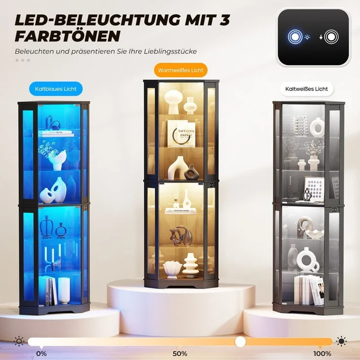 Eckvitrine 65x45x180 cm, 6-stöckige Glasvitrine mit LED-Beleuchtung, Glastüren und Bewegungssensor, Schwarz – Bild 5