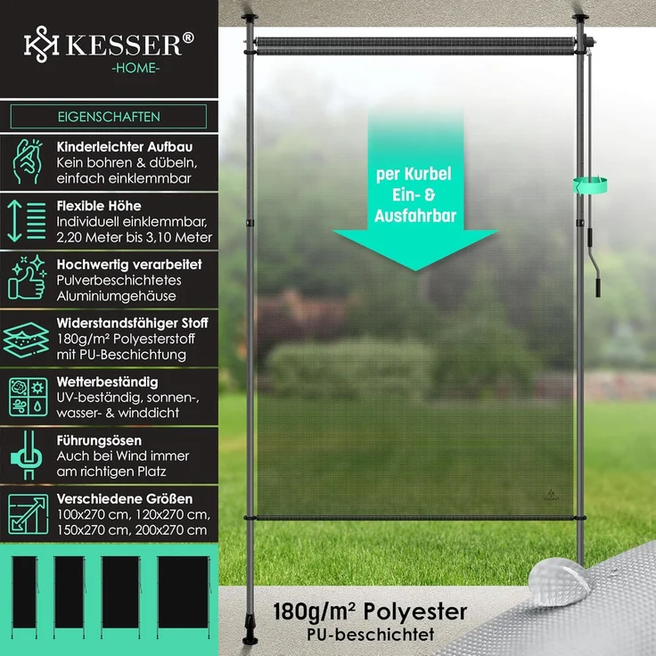 KESSER® Klemmmarkise Senkrechtmarkise außen Ausziehbar & Blickdicht | Vertikalmarkise mit Handkurbel ohne Bohren | Balkon-Sichtschutz & Windschutz für Garten & Terrasse Wasserfest 120 x 310 cm, Transparent / Anthrazit – Bild 2