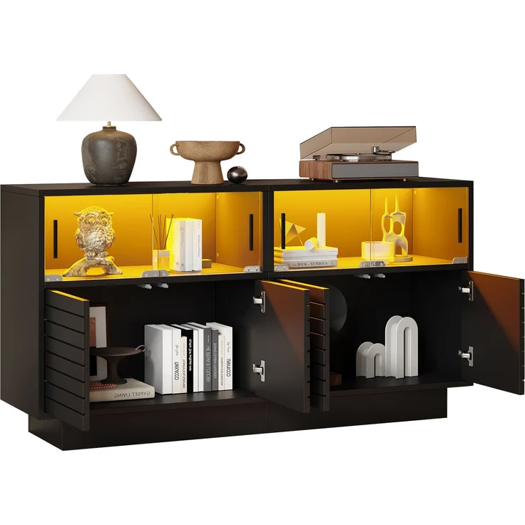 ZUBALIYA Sideboard 130x35x68 cm, mit LED-Beleuchtung, mit Glastüren, aus Spanplatte, Schwarz – Bild 3