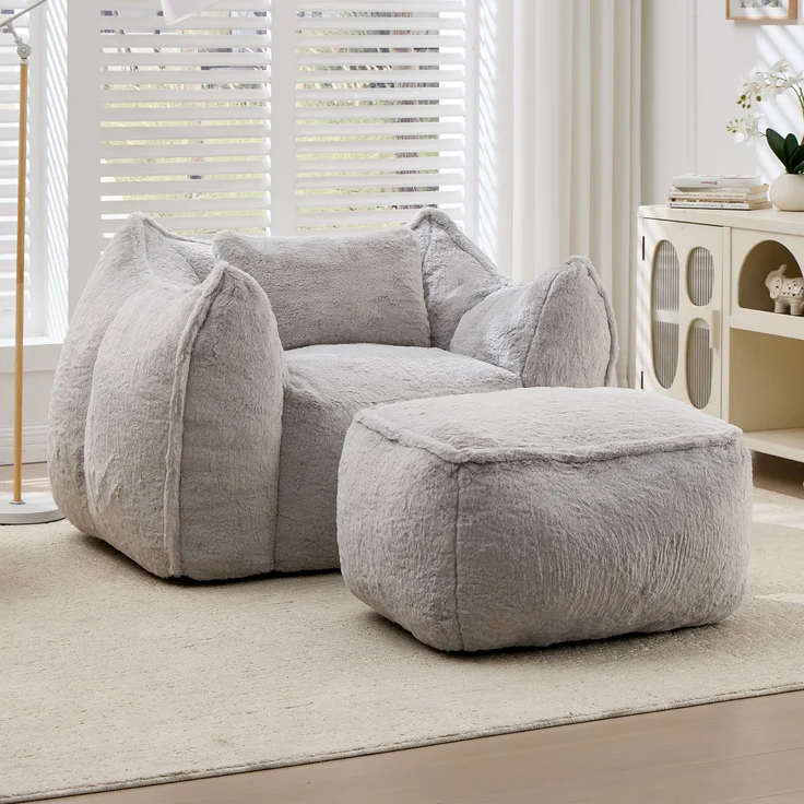 Riesiger Sitzsack für Erwachsene und Kinder, Sitzsack-Sofa mit Kunstfellbezug, Kissen und Hocker, bequemes Lese- und Spielsofa für Schlaf- und Wohnzimmer, Grau--Grau--123x157x73cm--YOUDENOVA – Bild 1