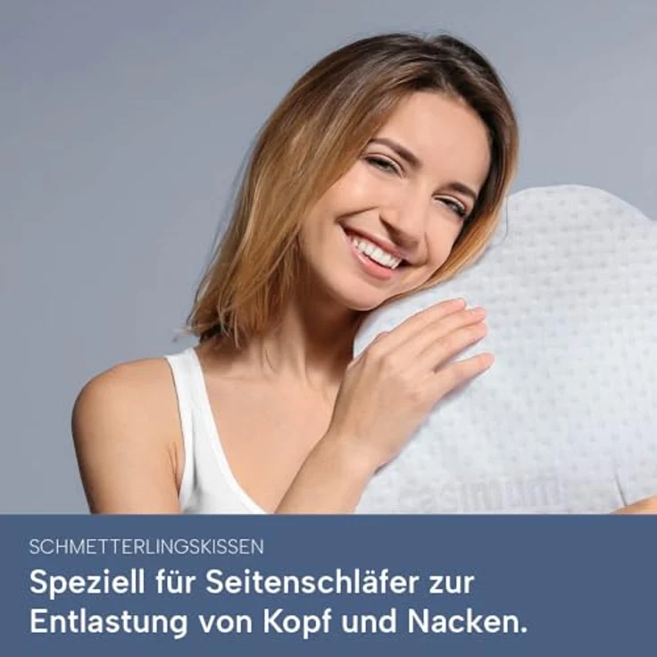 casimum Nackenstützkissen Schmetterling BUTTERFLY, Kissen gegen Nackenschmerzen, Füllung: Memory Foam (Memory Schaum), Bezug: Grau, Seitenschläfer, Seitenkippschläfer, ergonomisches Schmetterlingskissen aus Memory Schaum 56x48x11,5, grau – Bild 3