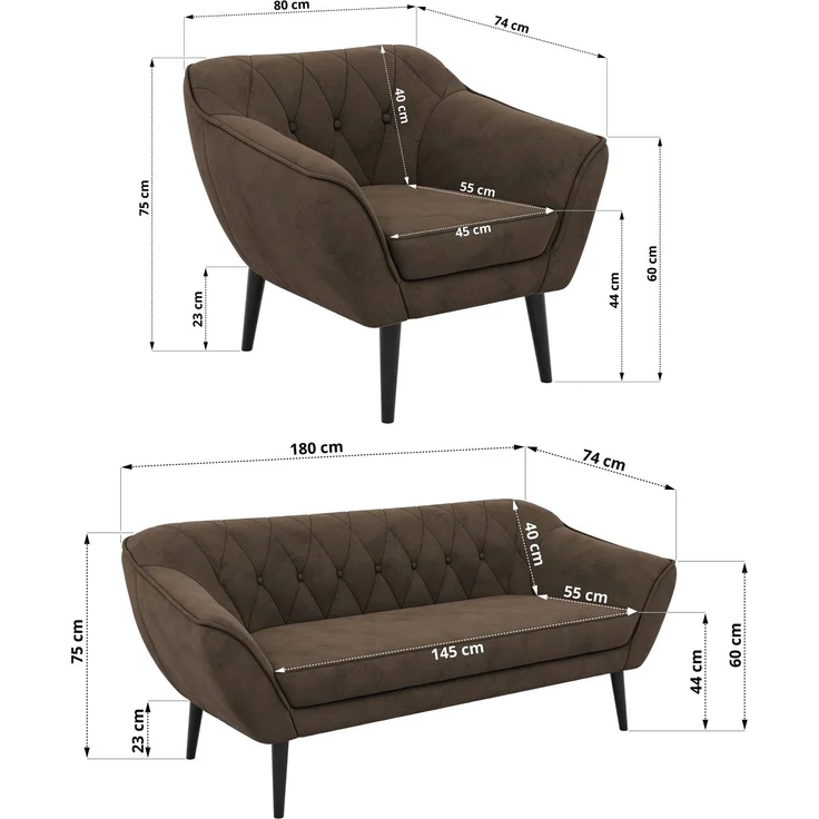 Wohnzimmerset, Möbelset PIRS 3-3-1, Armlehnen, Wellenfederung, schwarze Füße, Dreisitzer Sofas mit Sessel, Polstermöbel Set - Braun Velvet – Bild 5