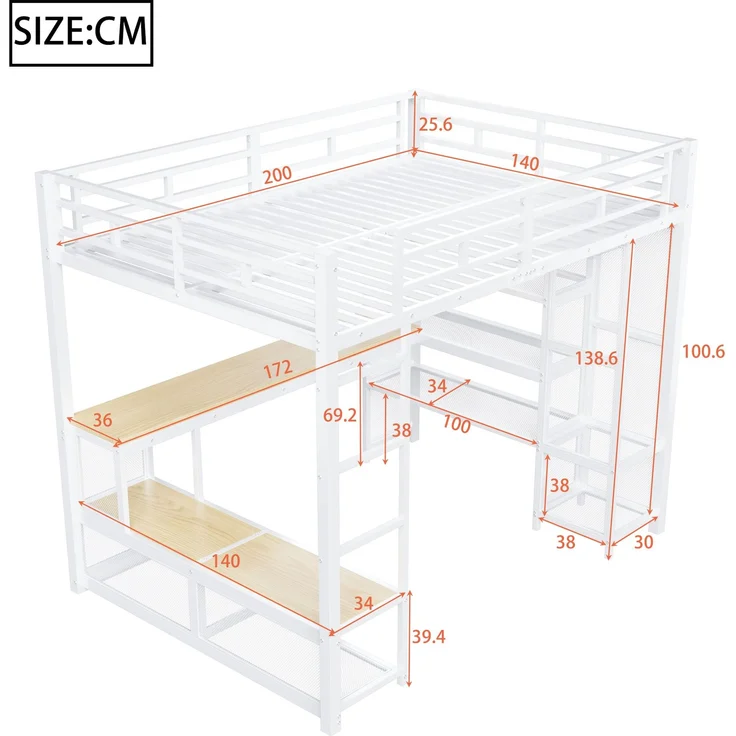 U-life Metall-Hochbett 140x200 cm mit Schreibtisch, offenem Kleiderschrank, LED-Beleuchtung und USB-Ladestation, Weiß – Bild 10