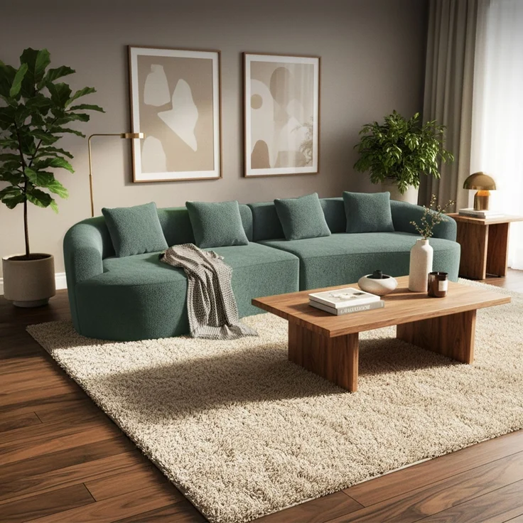 skølm 'Loki' Sofa 4 Sitzer, Vollschaumcouch mit Federkern und Vakuum-Kompression, kein Aufbau erforderlich, mit 4 Kissen, Teddy-Bouclé Stoff dunkelgrün – Bild 1