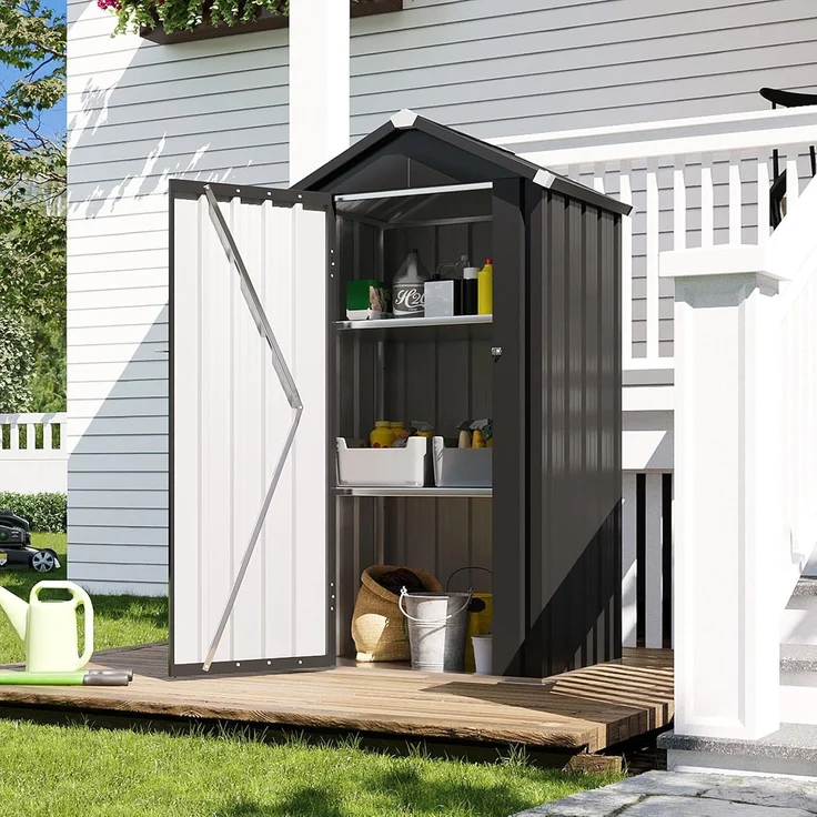 Aoxun Metall-Gartenschuppen 88x69x160cm mit Bodenplatte & 2 Ablagen | verstellbaren Ablagen, kompakter Gartenschrank wetterfestes Metall mit abschließbarer Tür für Balkon Terrasse Garten,Schwarz – Bild 1
