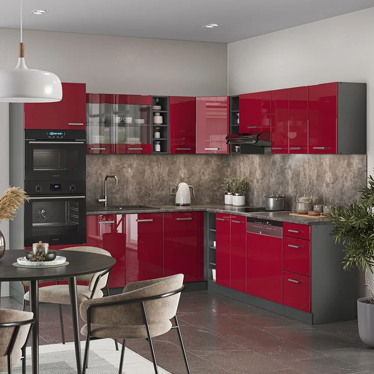 Eckküche R-Line Rot Hochglanz/Anthrazit 247 x 237 cm, AP Marmor Vicco – Bild 4