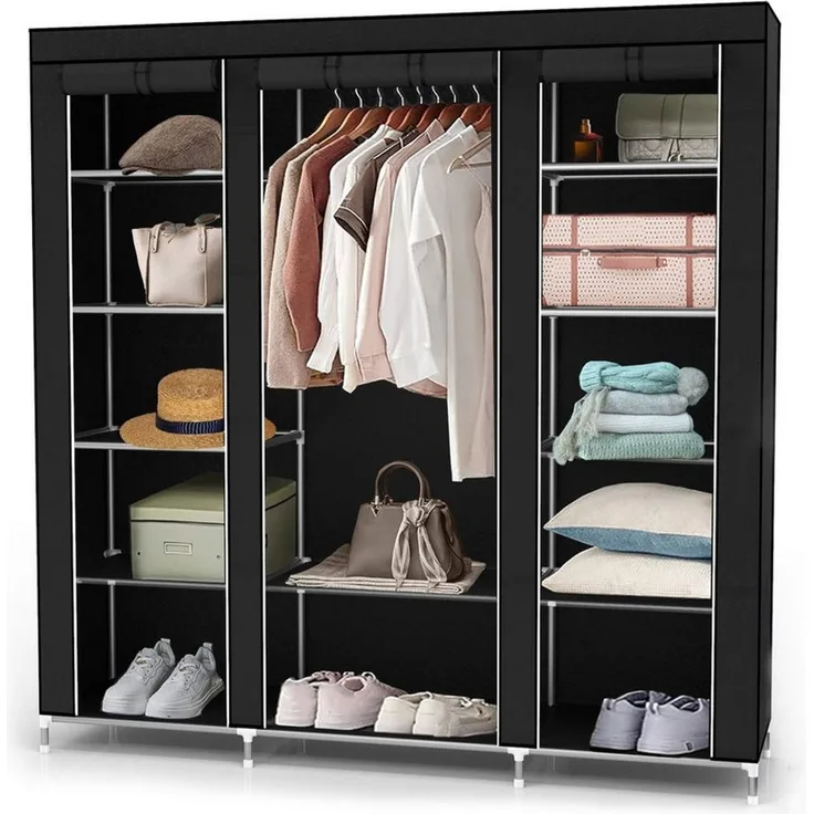 Intirilife Kleiderschrank Faltschrank Stoffschrank Kleiderschrank Steckschrank Kleiderstange (Faltschrank 150 x 175 x 45 cm in RABEN SCHWARZ, 1-St) Stoffschrank mit Reißverschluss, Kleiderschrank mit Stange und Fächer