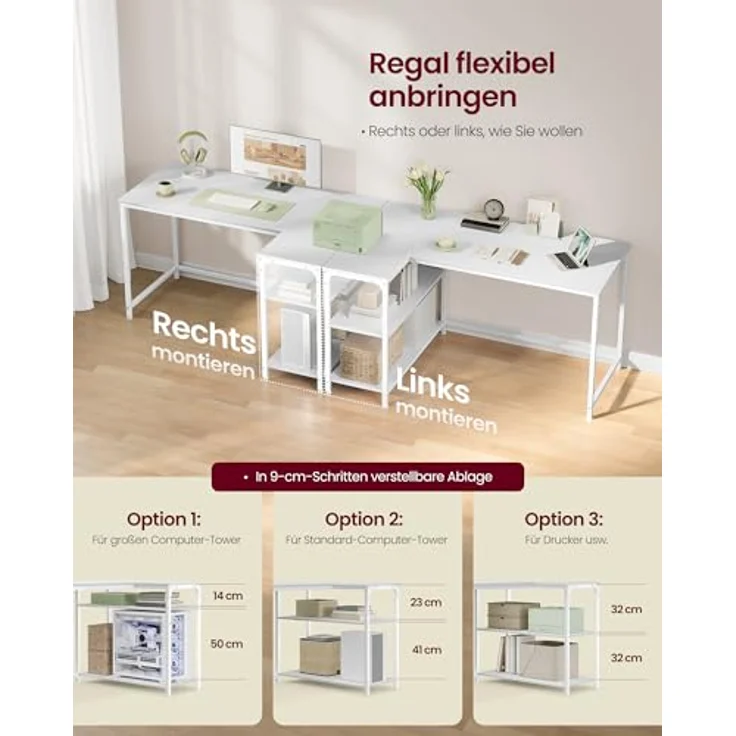 VASAGLE Eckschreibtisch in L-Form, Computertisch mit Stauraum, Bürotisch, höhenverstellbare Ablage, für Homeoffice, 120x80 cm, ahornweiß LWD136WF01 – Bild 6