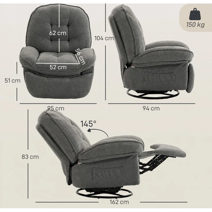 Wohnora-Relaxsessel Fernsehsessel mit Liegefunktion, Drehbarer Ruhesessel mit Wippfunktion, für Wohnzimmer, Schlafzimmer,H 1040cm x T 950cm x B 940cm,Hellgrau – Bild 4