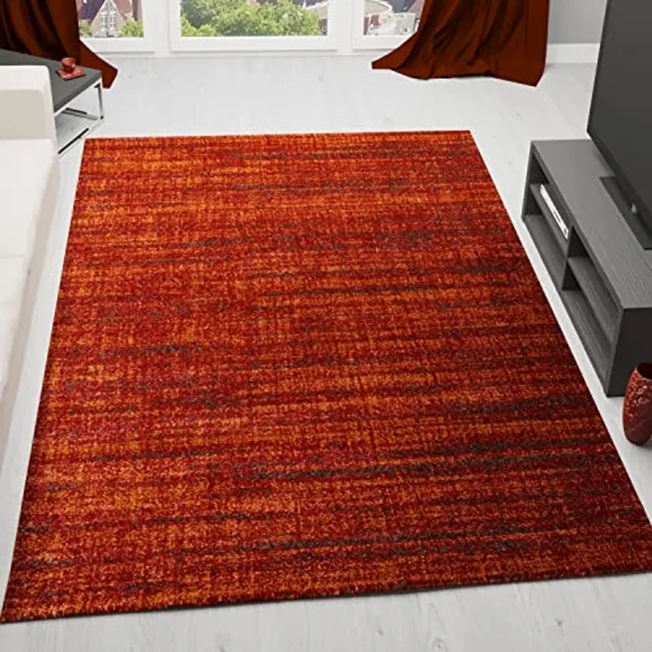 Vimoda Teppich Wohnzimmerteppich Rot dicht und weich, Rechteckig, Höhe: 19 mm, Sehr Dicht & soft meliert, Teppich Terracotta (Feuer Farbe)
