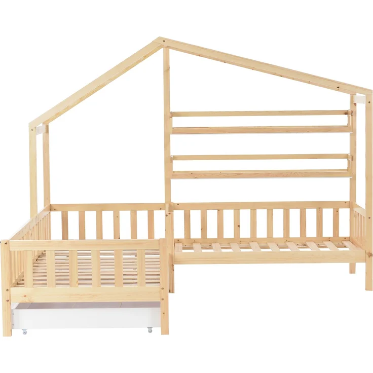 U-life Hausbett L-Form 90x200 cm und 140x70 cm, Kinderbett mit Schubladen und Regalen, Massivholz mit Sicherheitszaun und Lattenrost, Natur – Bild 7