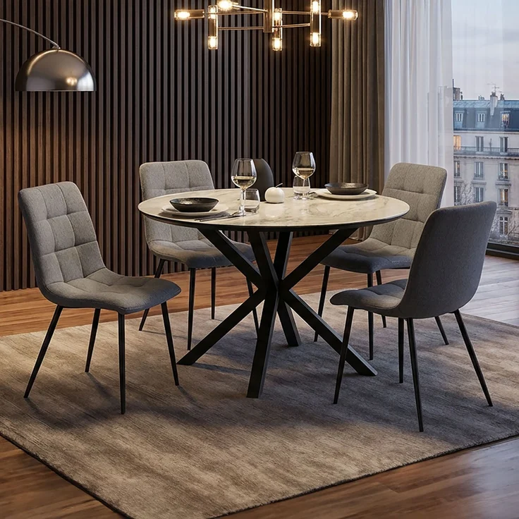Esstisch mit 4 Stühlen Set Essgruppe Polsterstühle Leinen Grau Esszimmertisch Rund Ø 110 cm Modern Metall Schwarz – Bild 2