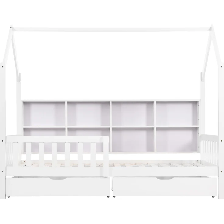 Merax Hausbett 90x200cm Kinderbett mit Mehrzweck-Bücherregal-Speichergitter-Kabinett Ablageregal und zwei großen Schubladen mit Stauraum und Kaminform, Weiß – Bild 10