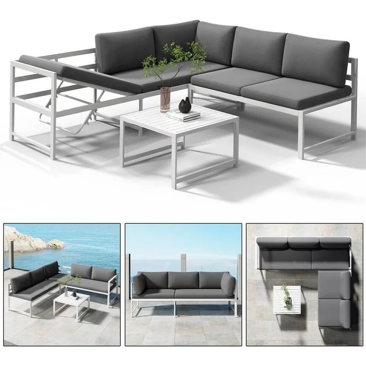 Melko Gartenlounge-Set Ecksofa Liegefunktion Aluminium Sitzgruppe wetterfest Ecklounge Weiß, (Set, 3-tlg, 2 Sofa, 1 Tisch, 11 Auflagen), Liegefunktion durch verstellbare Rückenlehne